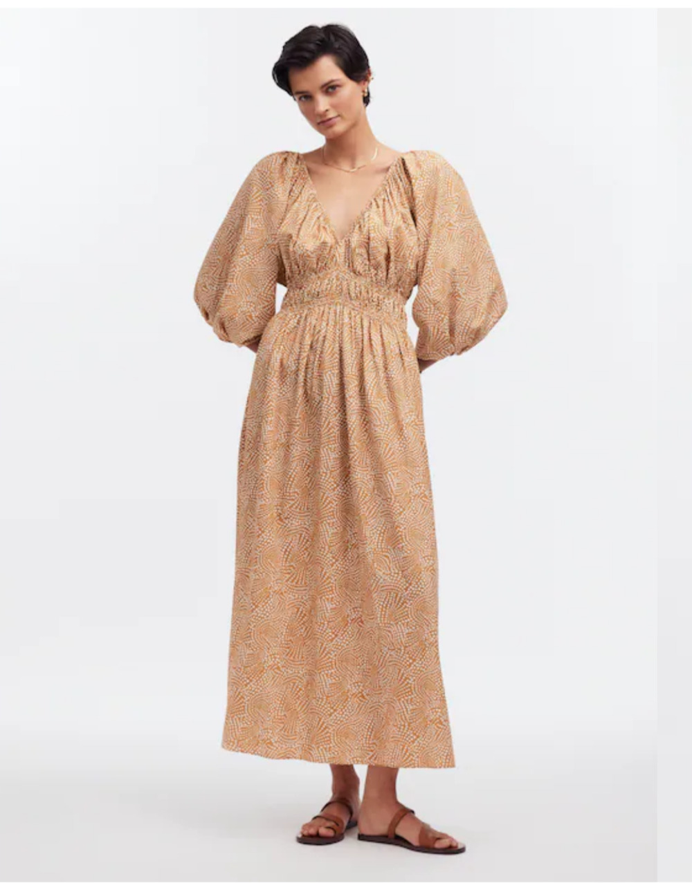 Madewell V-Neck Prairie Maxi Dress 6 Khaki Polka Dot Balloon Sleeve Renaissance